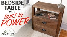 a bedside table with built - in power on it and an advertisement for the bed side table