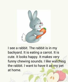 the rabbit is eating a carrot in front of an apple and another cartoon character with words below it