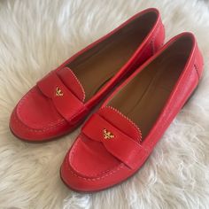 Tory Burch Red Loafer Spring Loafers With Red Sole And Closed Toe, Classic Loafers With Red Sole, Classic Red Flat Loafers, Red Slip-on Loafers For Spring, Elegant Loafers With Red Sole For Spring, Elegant Spring Loafers With Red Sole, Classic Red Round Toe Loafers, Classic Red Sole Slip-on Flats, Classic Slip-on Flats With Red Sole