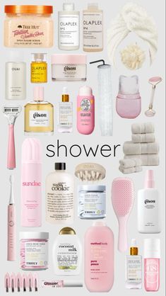 the words shower are surrounded by different types of beauty products