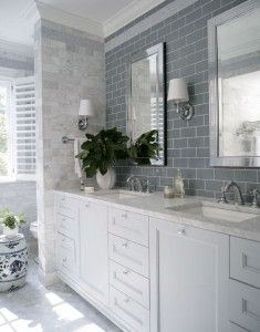 a bathroom with two sinks, mirrors and plants on the counter top in front of it