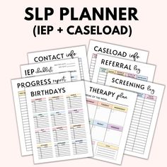 three printable planner pages with the words, slp planner iep and caseload