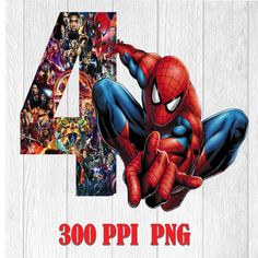 the number four with an image of spider - man and many other superheros on it