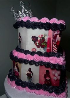 a three tiered cake decorated with photos and tiaras on it's sides