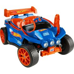 an orange and blue toy car on a white background