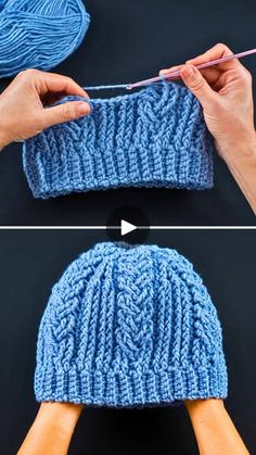 two photos showing how to crochet a hat