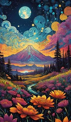 a painting of mountains and flowers with the moon in the background