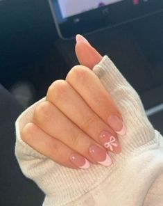 #nails#bow#frenchtips Cute Simple Nails For Winter, Coffin Small Nails, Cute Nails Winter Simple, Cute Nail Designs Aesthetic, Simple Nails Design Christmas, Nail Inspo Trendy Summer, Pretty Nails For Short Nails, Cute Simple Bow Nails, Almond Nails Designs Bow