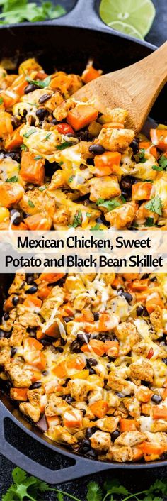 mexican chicken, sweet potato and black bean skillet is shown in this image with the title