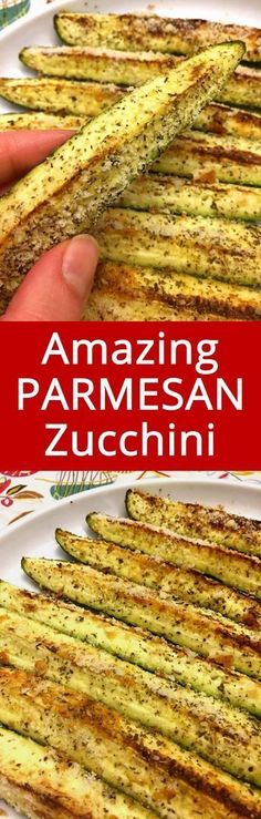 an image of amazing parmesan zucchini on a plate with text overlay