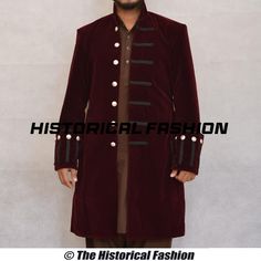 New Burgundy Velvet Frockcoat, Gothic Coat, Medieval Frock, Victorian Frock coat, Steampunk Coat, Fashion Party Frock, Georgian Day Men Suit This lovely men's burgundy velvet Georgian day suit is perfect for gents 18th century simplistic day wear, but is a great choice to also dress up for a simple Gents Venetian Ball Costume. Our coat brings your regency fantasies to life. Crafted with attention to detail, it's the ideal choice for those seeking an authentic and high-quality costume. Inspired b Victorian Outerwear With Historical Design For Costume, Victorian Historical Outerwear For Costumes, Victorian Style Historical Costume Outerwear, Victorian Style Long Sleeve Outerwear For Costume Party, Medieval Fitted Outerwear For Costume Party, Fitted Medieval Outerwear For Costume Party, Medieval Style Outerwear With Historical Design For Costume, Medieval Style Outerwear For Costume With Historical Design, Medieval Style Historical Outerwear Costume