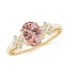 This 14k yellow gold ring features a luscious oval peach morganite in prong setting. The criss cross motifs on the shank are combined with dazzling diamond accents. Criss Cross Ring, Peach Morganite, 14k Rose Gold Ring, Morganite Ring, Cross Ring, 18k Yellow Gold Ring, Solid Gold Rings, Morganite, Yellow Gold Rings