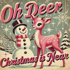 an old fashioned christmas sign with a snowman and deer