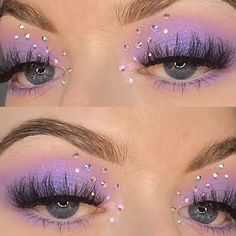 Eyeshadow Looks With Jewels, V Day Looks, Hot Pink Rave Makeup, Purple Eyeshadow Looks With Rhinestones, Gen Eye Makeup, Morphe Constellation Sky Looks, Bling Eye Makeup Rhinestones, Bedazzled Makeup Rhinestones, Gem Makeup Looks Rhinestone