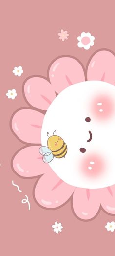 a pink flower with a bee sitting on it's back and the words happy written in