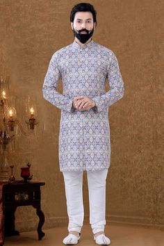 Multi Color Cotton Fabric Ethnic Wear Luminous Kurta Pyjama Mandarin Neckline, Kurta Pyjama, Silk Pajama, Cotton Kurta, Pajama Party, Silk Pajamas, Ethnic Wear, Blue Print, Button Detail