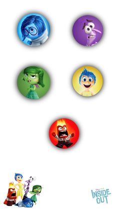 the inside out movie characters are depicted in this image, with four different colors and sizes