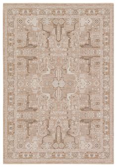 a beige and brown rug with an intricate design