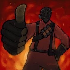 a man in a gas mask holding two thumbs up