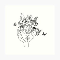 a drawing of a woman's face with flowers in her hair and butterflies around her head