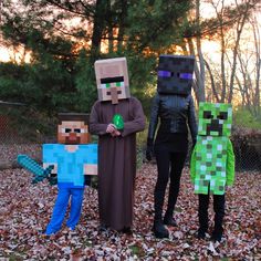 three people dressed up as minecraft characters in the leaves with trees and bushes behind them