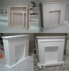 four different pictures of the same furniture in various stages of being assembled and painted white