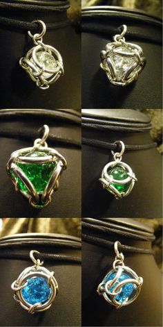 four pictures of different pendants in various shapes and sizes, all with colored stones