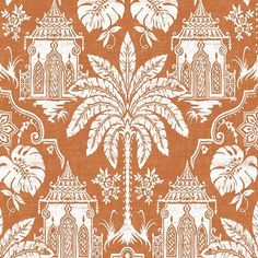 an orange and white wallpaper with palm trees, buildings, and flowers on it