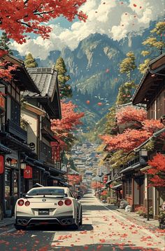 a white car parked on the side of a road next to tall buildings and trees