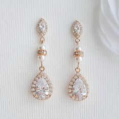 Rose Gold & Pearl Wedding Drop Earrings-Ella - PoetryDesigns Wedding Drop Earrings, Rose Gold Bridal Earrings, Rose Gold Drop Earrings, Gold Earrings Wedding, Rose Gold Pearl, Crystal Bridal Earrings, Silver Pearl Earrings, Wedding Earrings Drop, Matching Jewelry