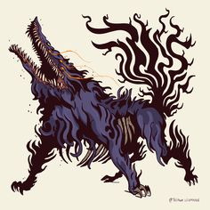 a drawing of a black dog with flames coming out of it's back legs