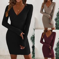 Sexy Off Shoulder Slim Long Sleeves Knitted Sweater Mini Dress Knitted Sweater Dress, Tight Sweater, Basic Skirt, Midi Pencil Dress, Wrap Around Skirt, Black Knit Sweater, V Neck Midi Dress, Long Sleeve Knit Sweaters, Mini Sweater Dress