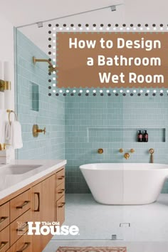 a bathroom with blue tile and gold fixtures on the walls, along with a white bathtub