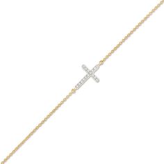 Find a subtle and smart way to show your faith when you wear this diamond sideways cross bracelet in 10K gold. Crafted in warm 10K gold Diamonds shimmer along a sleek cross set sideways at the center. Perfect for stacking with your other favorite bracelets Captivating with 1/20 ct. t.w. of diamonds This cable chain bracelet includes a 2.0-inch extender and secures with a lobster claw clasp. 8.0-inch maximum length. Cross Bracelet, Adjustable Bracelet, 10k Gold, Cable Chain, Lobster Claw, Chain Bracelet, Gold Diamond, Cable, Diamonds