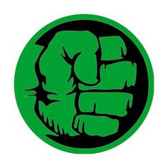 a green and black circular sticker with a fist in the center on a white background