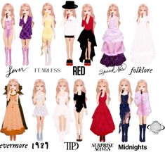 a group of dolls that are all dressed up in different dresses and hats with names on them