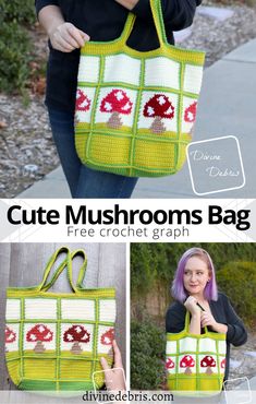 a crocheted bag with mushrooms on it is shown in three different pictures and has the