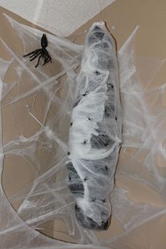 an insect is wrapped in plastic and sitting on top of a cardboard box with spider webs around it