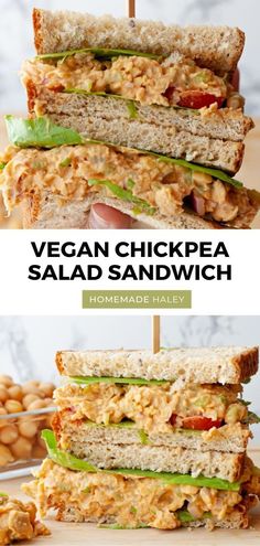 a chicken salad sandwich cut in half and stacked on top of each other with the words vegan chickpea salad sandwich