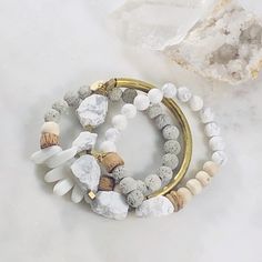 Bracelet of the Month! - Mindful Stacking Bracelet (Diffuser) White Stackable Beaded Bracelets For Healing, Everyday Lava Stone Jewelry With Natural Stones, Present Moment, White Howlite, Neutral Palette, Energy Crystals, Bracelet Stack, Free Spirit, Handcrafted Jewelry