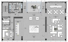 the floor plan for an office building with several tables and chairs, couches, coffee table