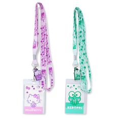 two lanyards with hello kitty and hello kitty characters on them, one has a name tag attached to the lanyard