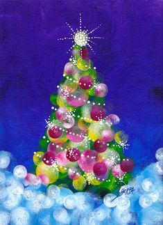 a painting of a colorful christmas tree with bubbles on the bottom and blue sky in the background