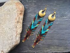 Bohemian Beaded Chain Earrings For Party, Festival Beaded Chain Earrings, Ombre Earrings, Native American Style, Native American Beading, Native American Fashion, Gold Gift, Brass Glass, Beaded Fringe