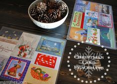 christmas card placemats with pine cones in a bowl