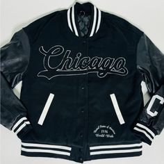 Brand New Black Chicago City Girl Varsity Jacket. All Sizes Fall Black Varsity Jacket With Button Closure, Black Varsity Jacket With Button Closure For Fall, Casual Black Fitted Varsity Jacket, Fall College Style Outerwear For School, Black Varsity Jacket For College With Button Closure, Black Varsity Jacket With Button Closure For College, Black Letter Print Outerwear For Fall, College Style Streetwear Outerwear With Button Closure, Urban Fitted Outerwear For College