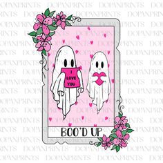 two ghost holding hands with the words booo up on it and flowers around them