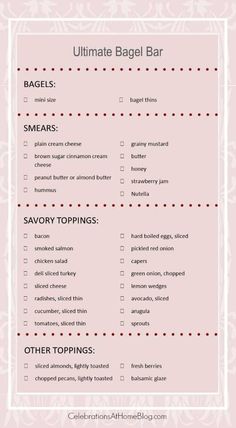 the ultimate bagel bar checklist is shown in pink and white with red dots