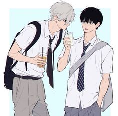 two young men standing next to each other with drinks in their hands and one wearing a backpack