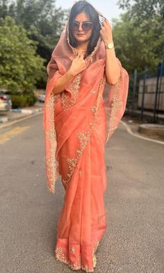 Cutwork saree, organza saree Peach Organza Saree, Jaipur Design, Culture Of Rajasthan, Saree Organza, Vintage Culture, Cutwork Saree, Pure Chiffon Sarees, Rajputi Dress, Saree Wearing Styles